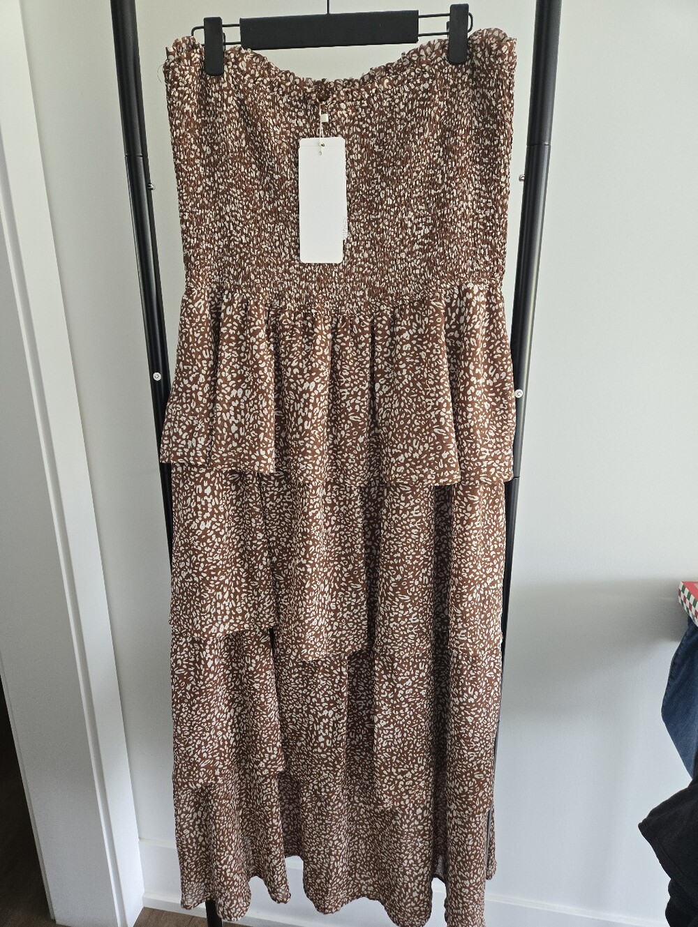 NWT Brown Smocked Strapless Tiered Maxi Dress XL Boho Animal Print - Picture 4 of 5